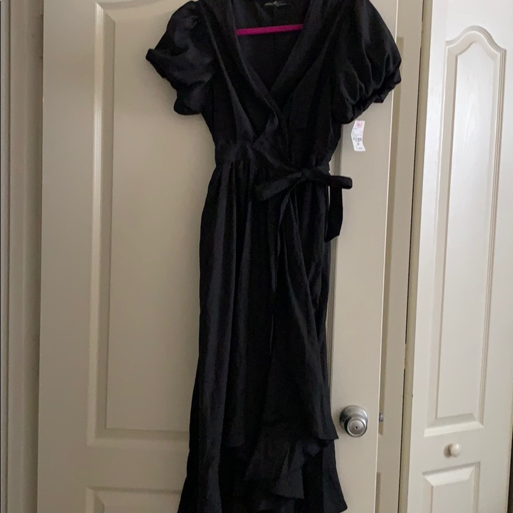On twelve long black wrap ruffle dress NWT